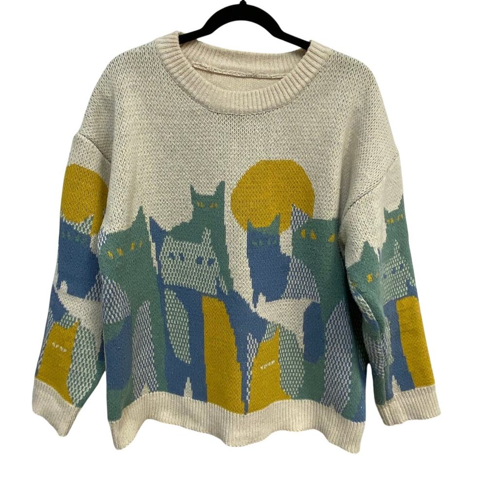 Unisex Long Sleeve Crew Neck Beige Cat Sweater Relaxed Drop Shoulder Pullover